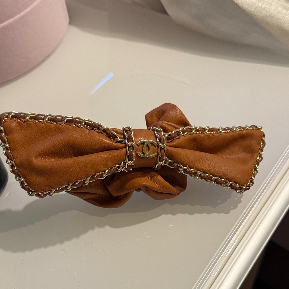 CHANEL Tan Leather Bow Hair Accessory